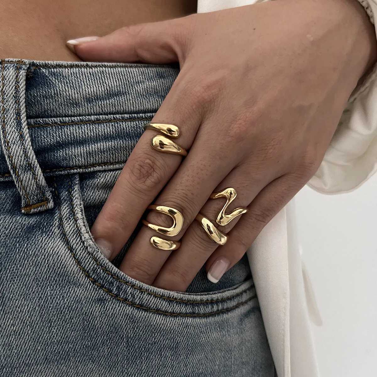 Punk Geometry Metal Irregular Ring Womens Retro Gold Curve Open Ring Set Fashion Neutral Jewelry GiftXJ250412