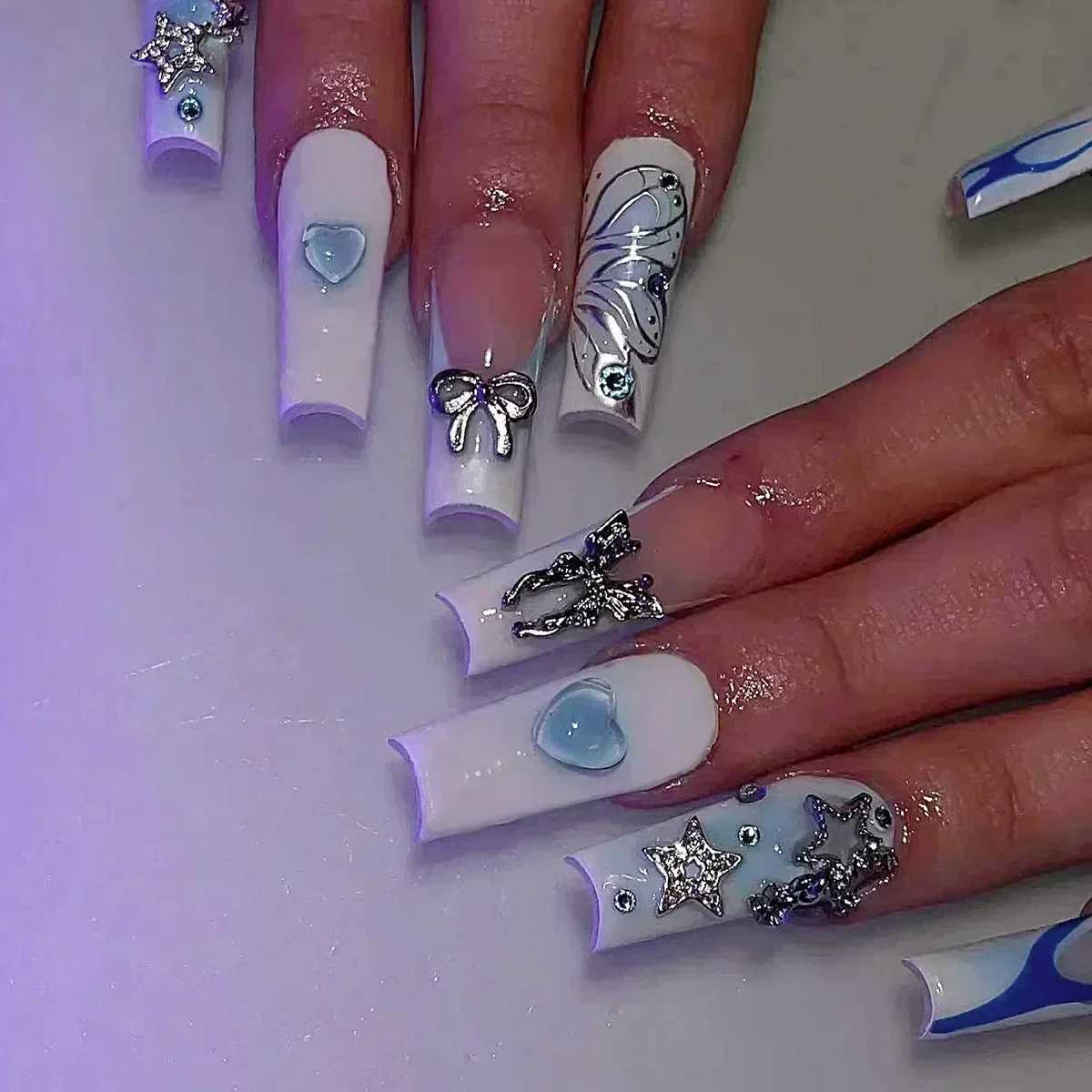 24Pcs Long Coffin False Nails with Glue Wearable Brown Fake Nails with Rhinestones Ballet Press on Nails Full Cover Nail TipsXJ250110
