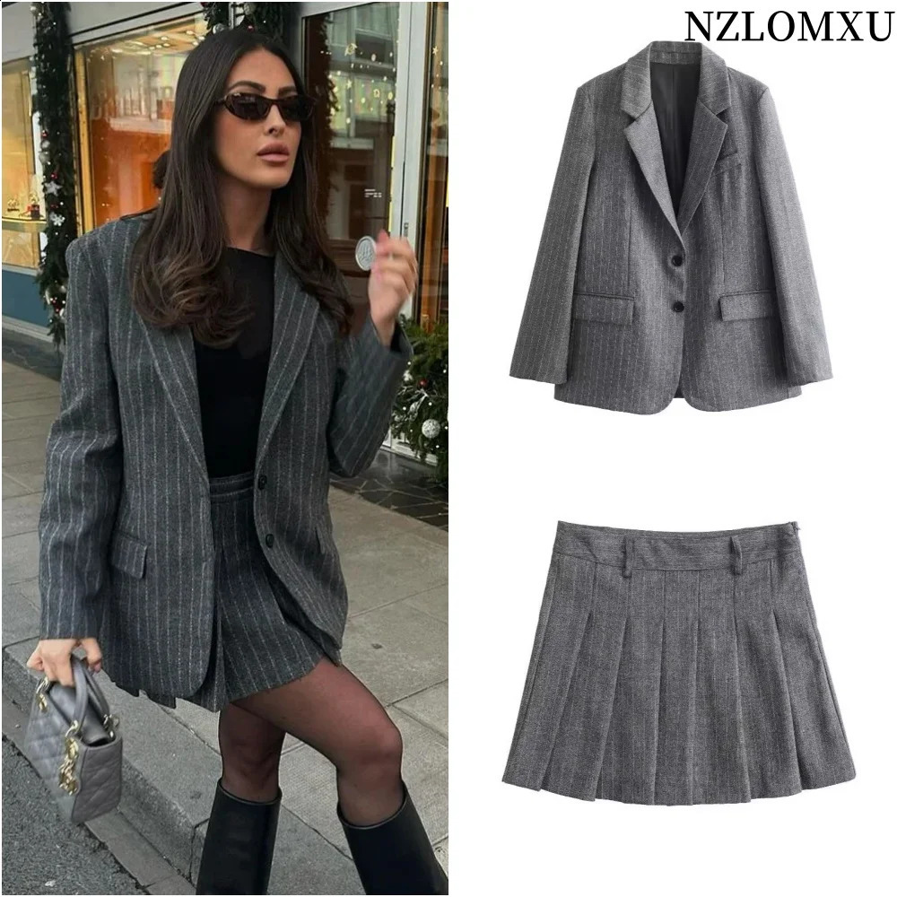 2025 Spring Women Fashion Grey 2 Piece Sets Woman Pinstripes Pockets Slim Blazer Coat Zipper Versatile Female Mini Skirts 250109