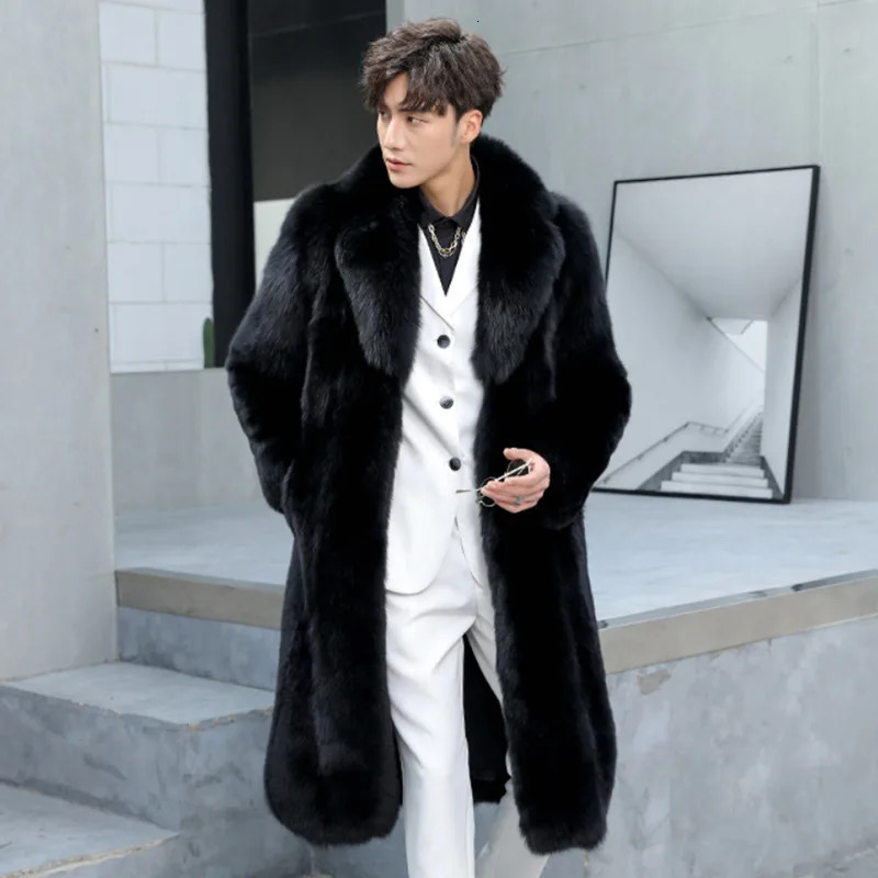 PFNW Autumn Winter Mens Black Lapel Faux Fur Coat Thickened Warm Knee Length Overcoat 2024 Trend Cardigan Coats 12C1886 250107