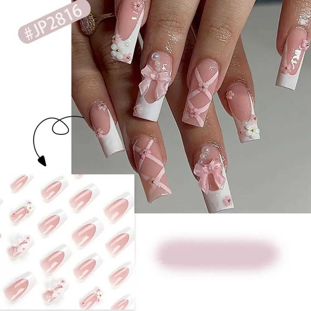 24pcs Long Ballerina Fake Nails Blue Crystal Flowers Pink Bow French False Nails Full Cover Press on Nails DIY DetachableXJ250110