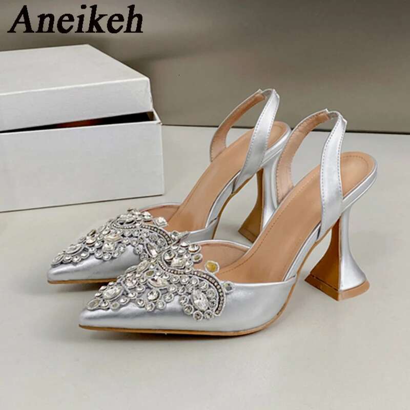 Aneikeh Strange Style Pointed Toe High Heels Mules Sandals Summer Fashion Crystal Rhie Party Wedding Banquet Shoes Pumps