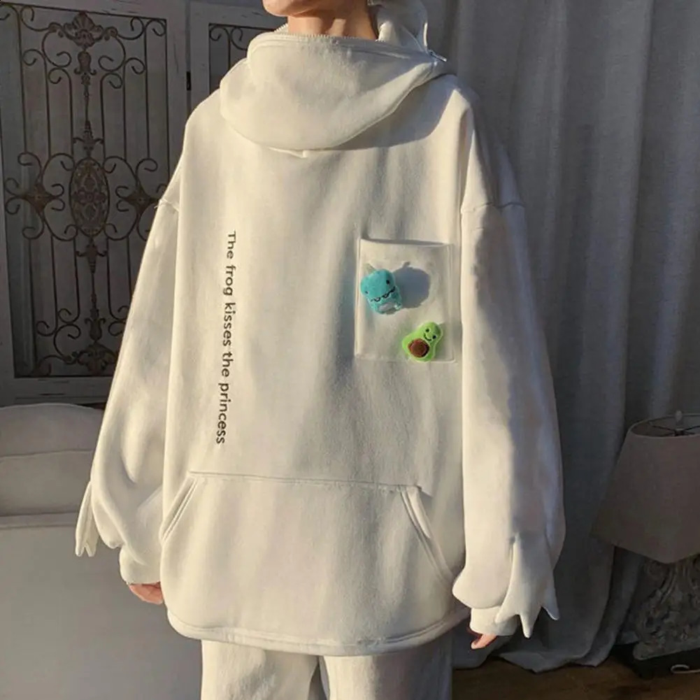 Winter Women Top Cozy Plush Frog Hoodie with Embroidered Letters Big Pocket for Couples Warm Winter Zip-up Jacket for Outdoor 250106