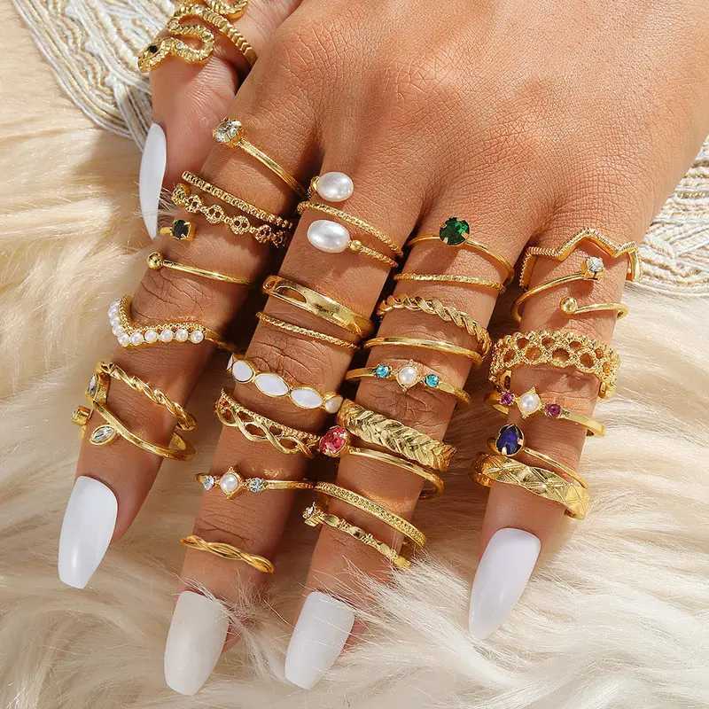IFKM Bohemian Gold Ring Set Womens Retro Geometric Pearl Snake Finger Ring Womens Fashion Jewelry Accessories 2023 Gift W250111