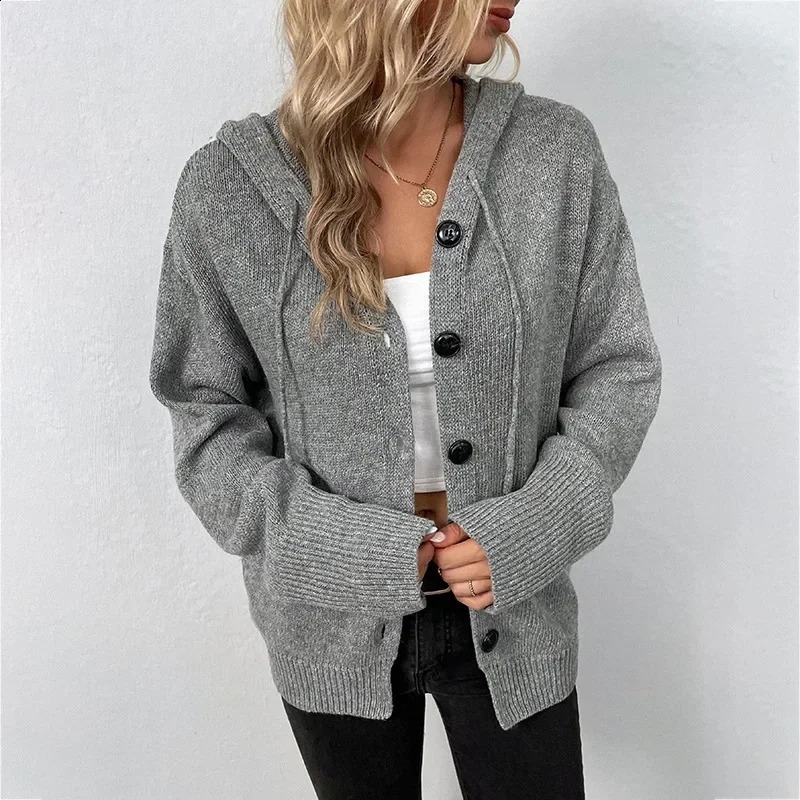 Women Knit Hooded Sweater Coat Single Breasted Thick Cardigan Solid Casual Splice Jumpers Full Sleeve Regular Winter 250106