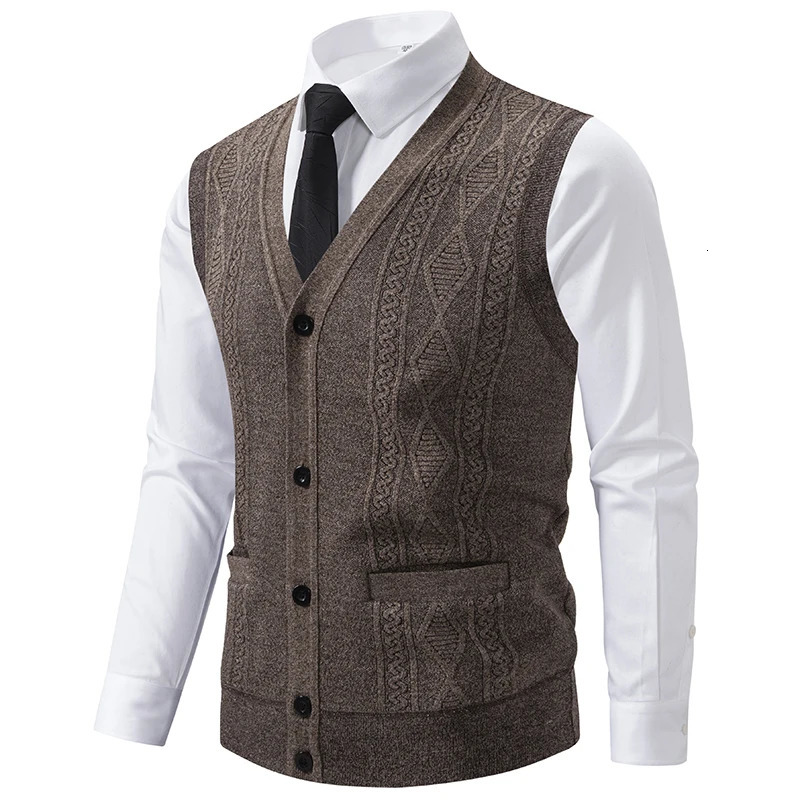 Autumn Winter Warm Slim Fit Knit Vests Men VNeck Solid Color Smart Casual Knitted Waistcoat Mens Geometric Sleeveless Vest 250107