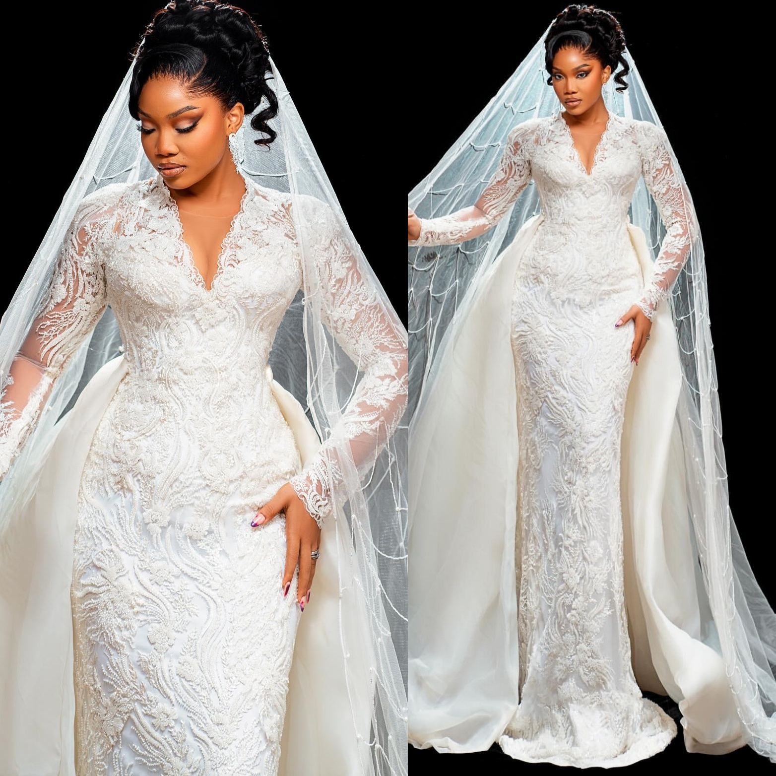 2025 Arabic Aso Ebi Plus Size Ivory Lace Wedding Dresses Full Sleeves Beaded Detachable Train Deep V-neck Bridal Gowns Dress For Brides ZJ2057