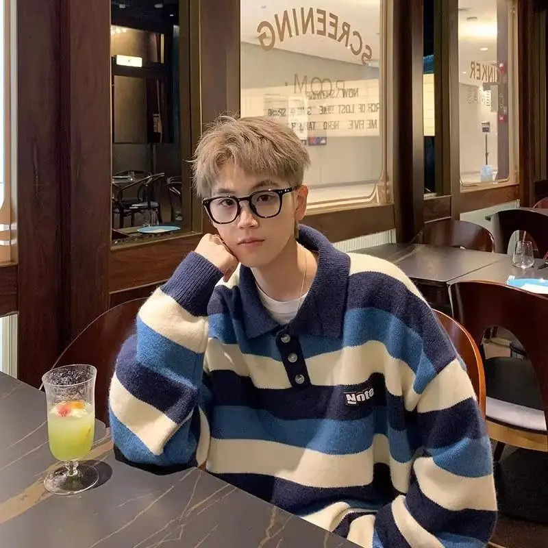 College style polo neck knitted sweater for men and women autumn and winter retro striped lazy style sweater trend Y2K 250109