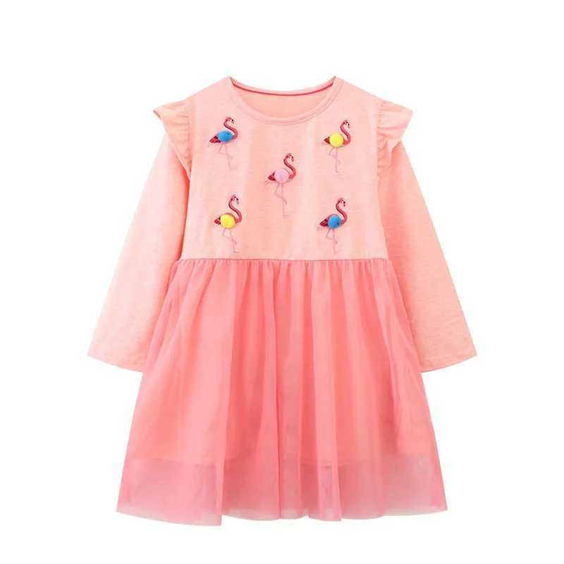 Jumping Meters 2-7T Long Sleeve Girls Dress Flamingo Hot Selling Princess Par Tutu Birthday Dress Childrens Autumn Winter Dress W250111