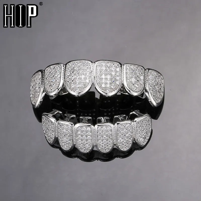 Hip Hop Full Iced Out Teeth Caps Bling Cubic Zircon Micro Pave Top Bottom Charm Grills Set For Men Women Jewelry 250107