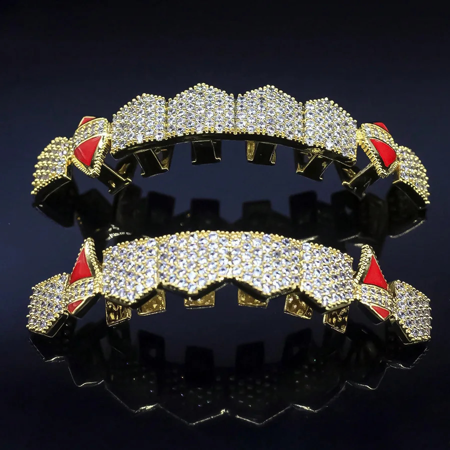 HipHop CZ Teeth Set For Unisex Top Bottom Mouth Gold Silver Color Teeth Tooth Cap Removable Dental Fashion Jewelry 250107