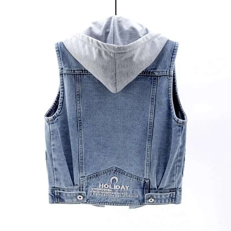 Sleeveless Denim Jacket For Women Korean Fashion Denim Hoodie Designer Jacket Large Cotton Zipper Vest