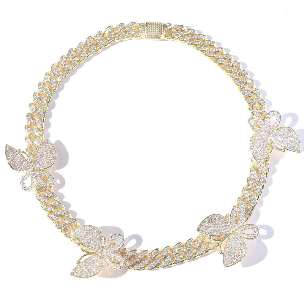 New 18mm pink white zircon s thorns Cuban chain bracelet spring buckle Butterfly necklace