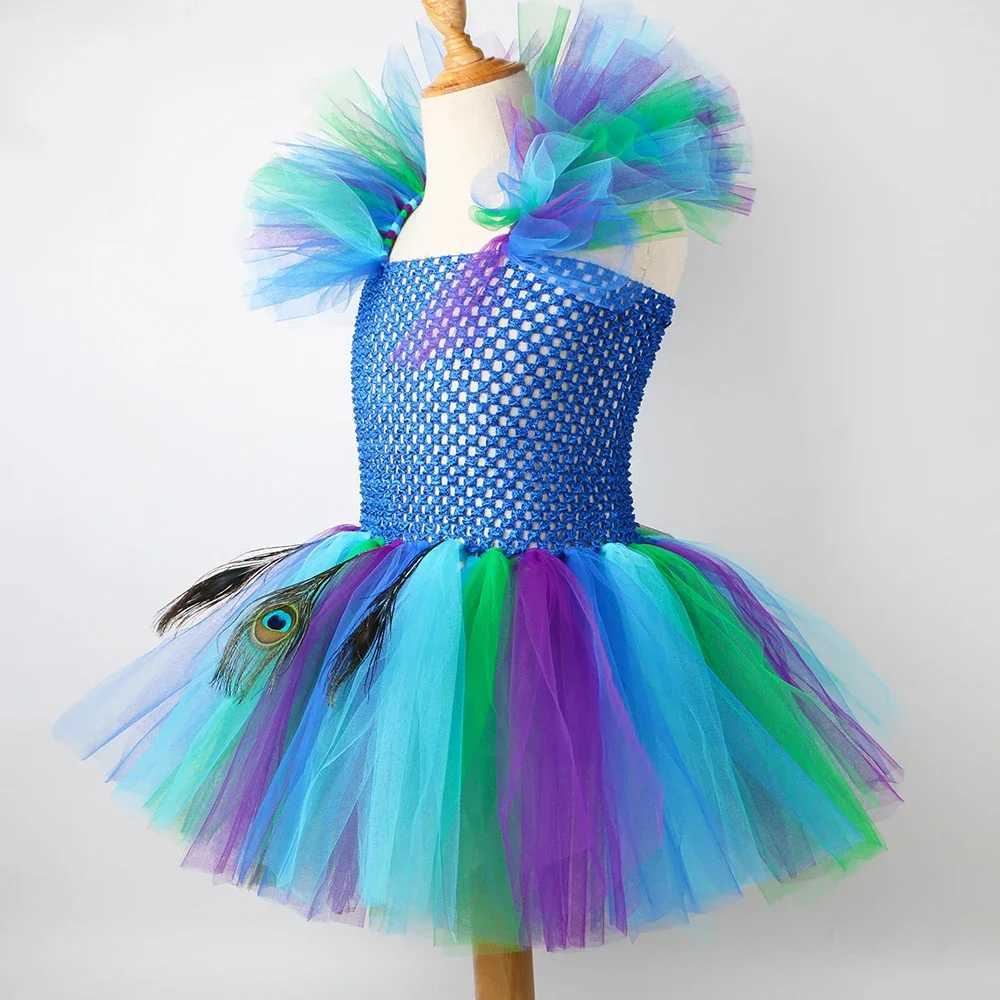 Girl Peacock Tutu Dress with Flower Feather Headband Fancy Peacock Princess Costume Childrens Halloween Carnival Par Purim Dress W250111