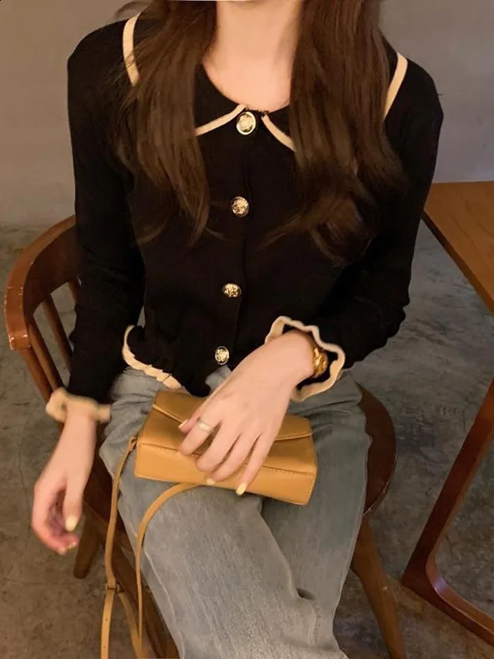 Jmprs Ruffles Sweet Cardigan Sweaters Women Fashion Slim Long Sleeve Knitted Short Coat Elegant Patchwork Korean Lady Black Tops 250106