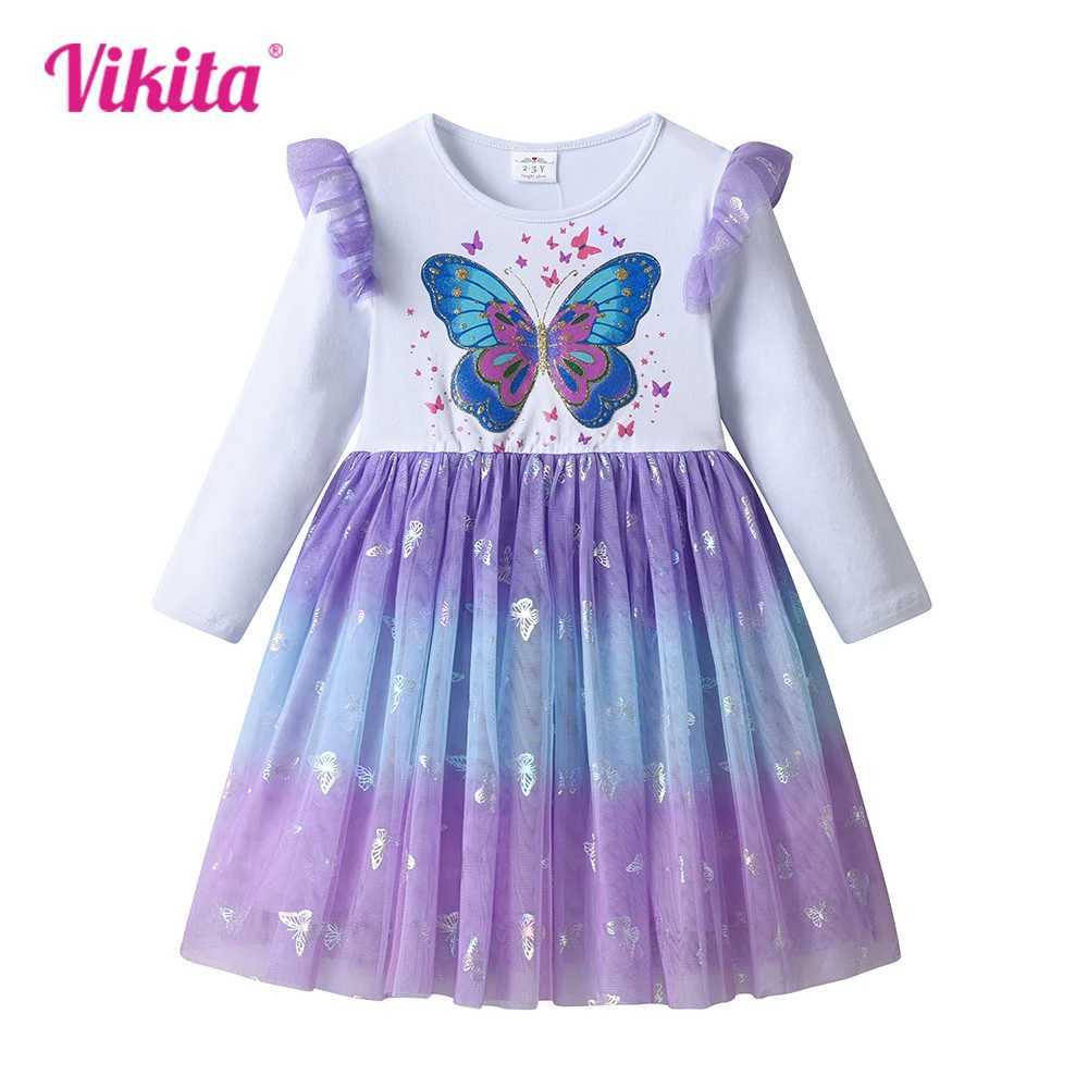 Vikita childrens butterfly dress girl flame sleeve autumn spring colorful dress girl princess Par casual dress childrens clothing W250111