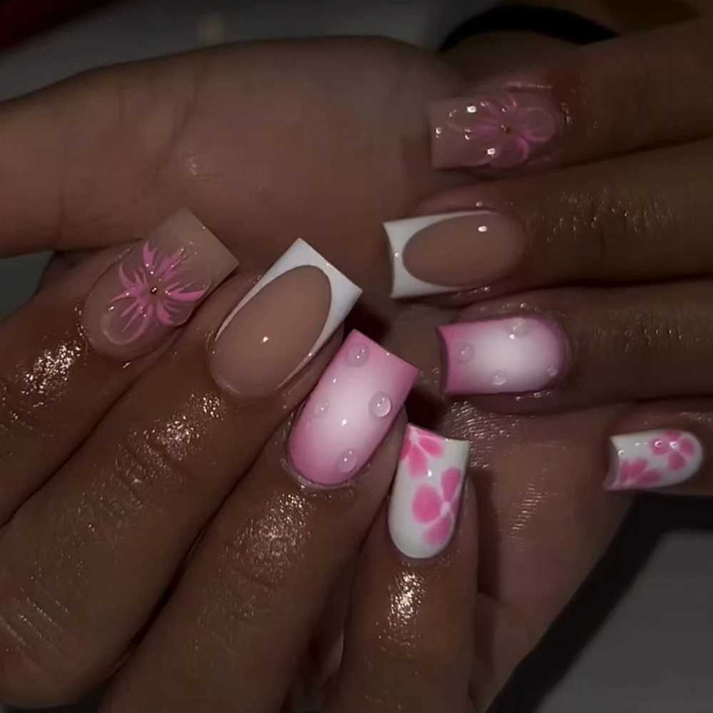 24pcs short and medium false nails square nails colorful painted flowers Water Beads design press on nails removablereusableXJ250110