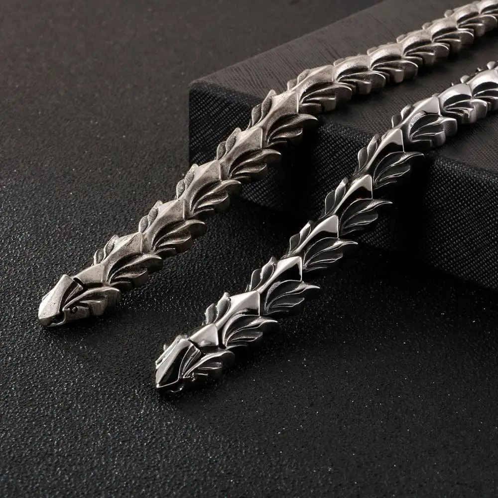 Fongten 17mm wide dragon chain bracelet mens stainless steel charm mens bracelet antique silver jewelry 250109