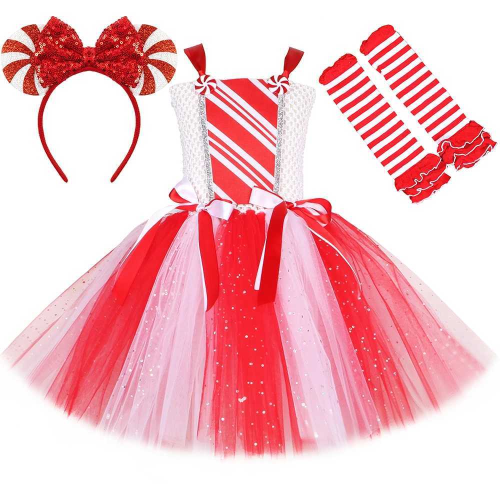 Girls Christmas Candy Cane Tutu Dress Set Red and White Sparkling Santa Claus Lady Childrens New Year Christmas Par Dress W250111