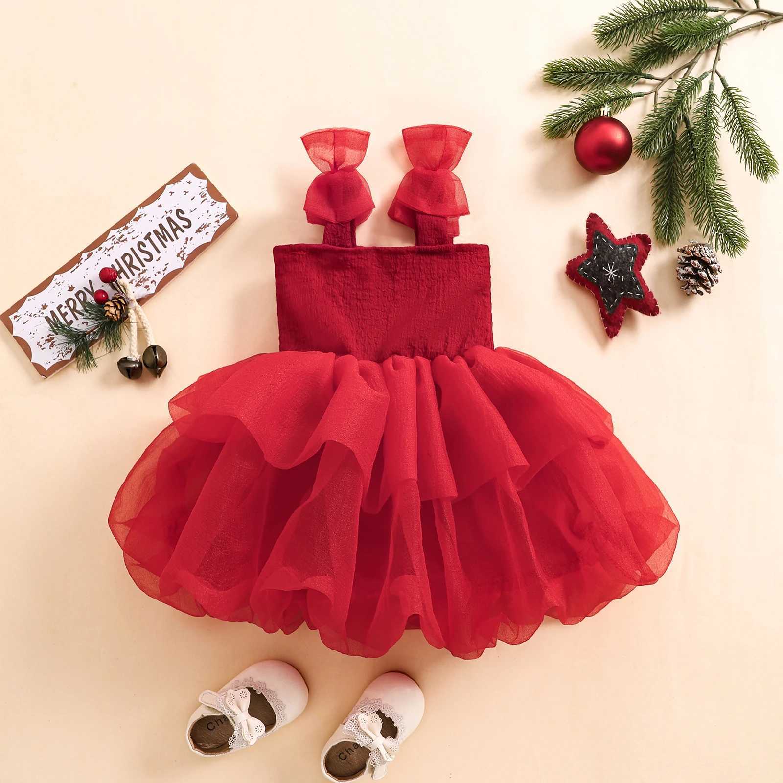 6M-6Y Christmas Childrens Baby Girls Red Dress Sleeveless Bow Layered Tulle Tutu Par Dress Girls Christmas Clothing W250111