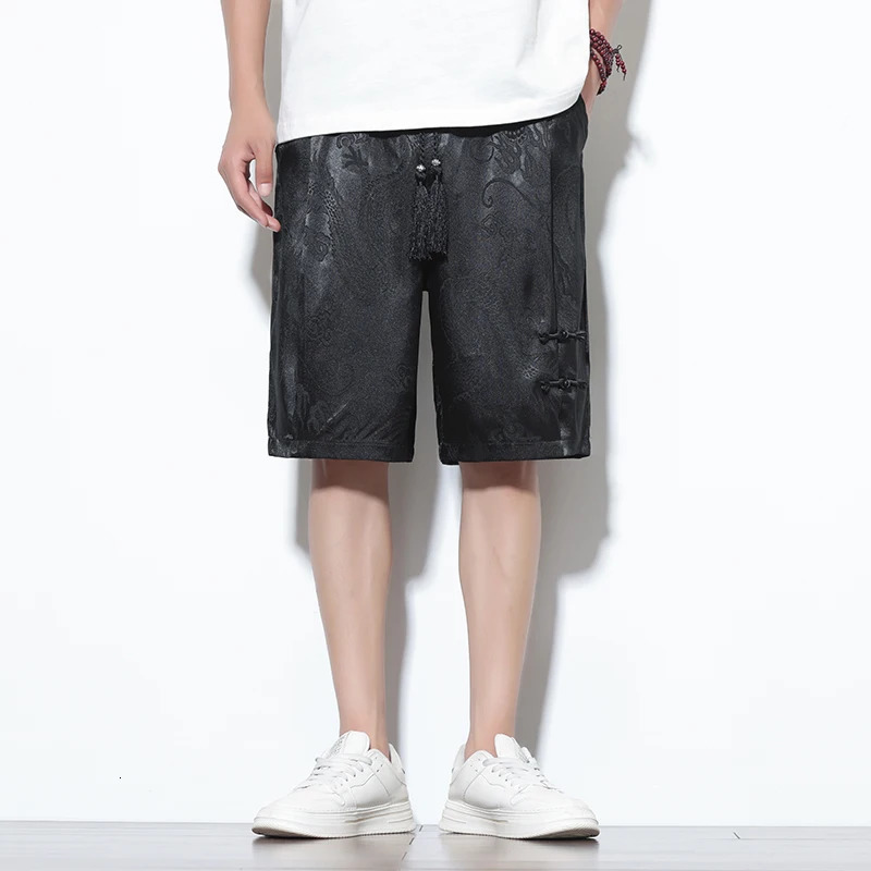 2024 Chinese Style Mens Solid Color Shorts Lightweight Dragon Pattern Beach Men Jogging Sport Black Homme 250103