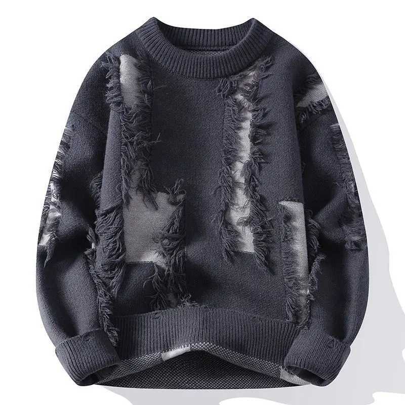 Y2K color matching personalized hole sweater mens thick autumn and winter new loose warm jacket suitable for students and teenagers W250110