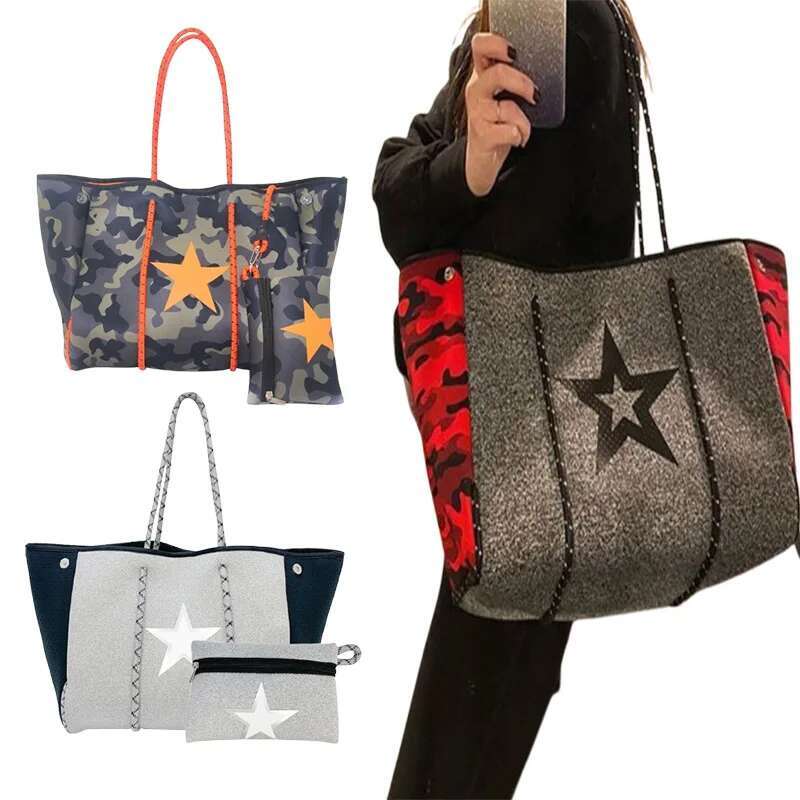 Women's Neoprene Cloth Tote Travel Shoulder Bags Large-Capacity Waterproof Multipurpose Beach Bag With Bottom Board