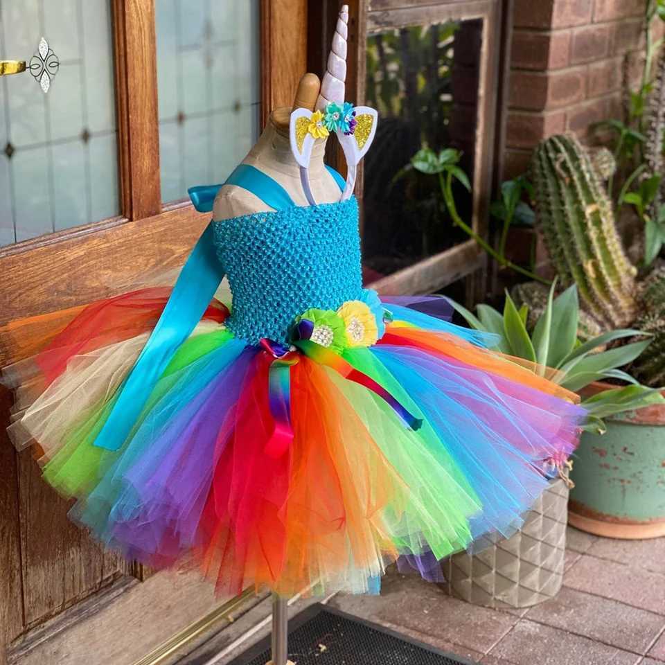 Girl Rainbow Tutu Dress Childrens crochet floral chiffon dress with hair Childrens birthday cosplay Par clothing W250111