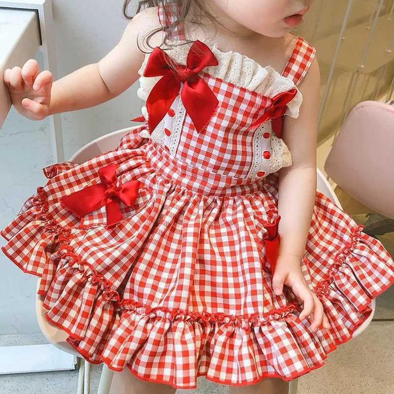 Summer girl Korean style dress with bow lace decoration Lolita princess dress square neckline girl plain printed dress sleeveless W250111