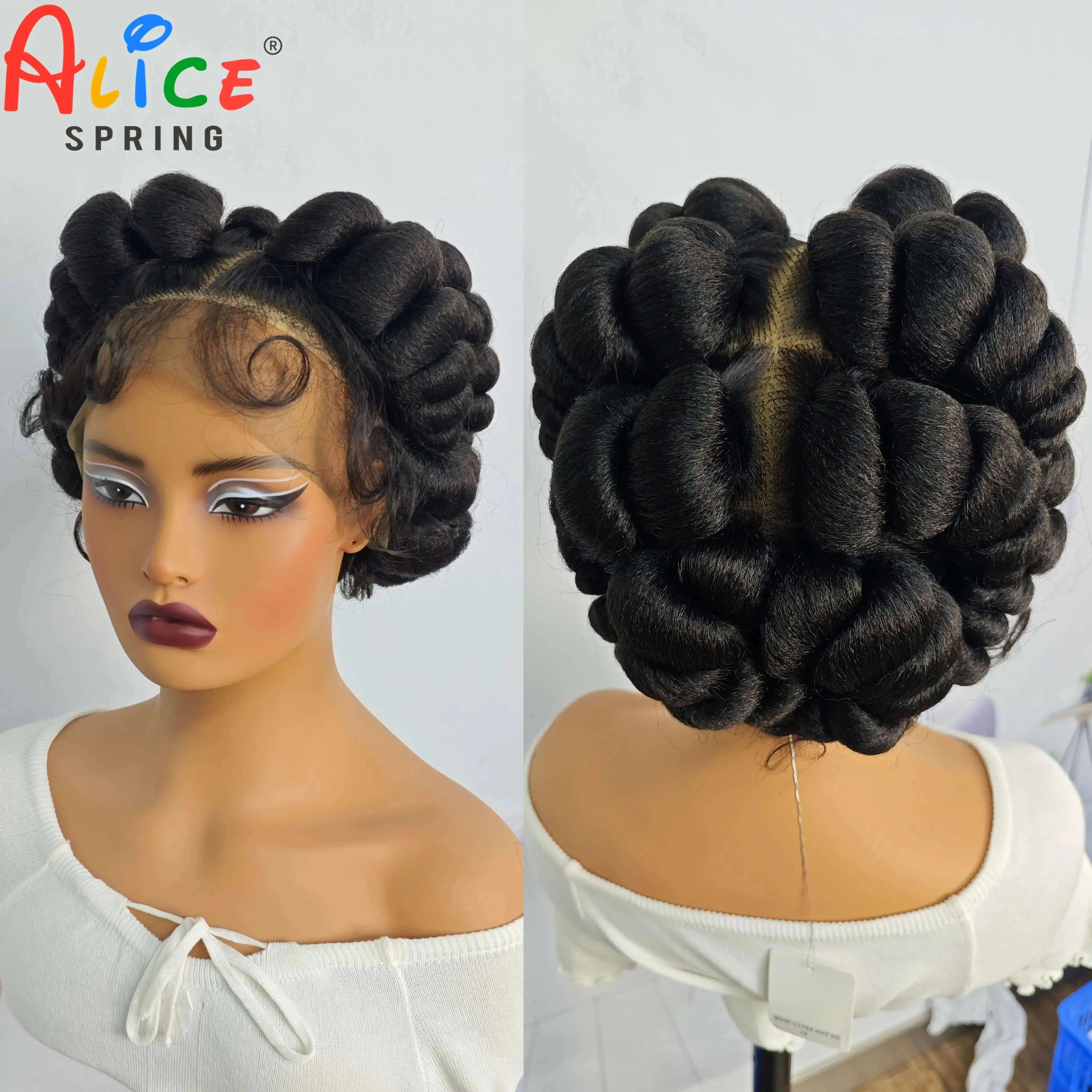 Natural Color 6Inch Transparent Full Short Cute Handmade Bantu Synthetic Braided Lace Wigs Knotless Braids Wig