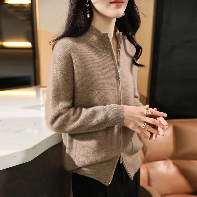 100% Merino wool autumn/winter womens sweater half turtleneck zip-up cardigan fashion pocket warm bottom knit coat top 250106