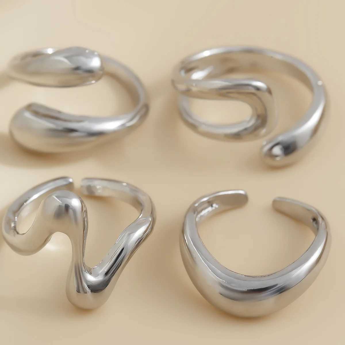 Punk Geometry Metal Irregular Ring Womens Retro Gold Curve Open Ring Set Fashion Neutral Jewelry GiftXJ250412