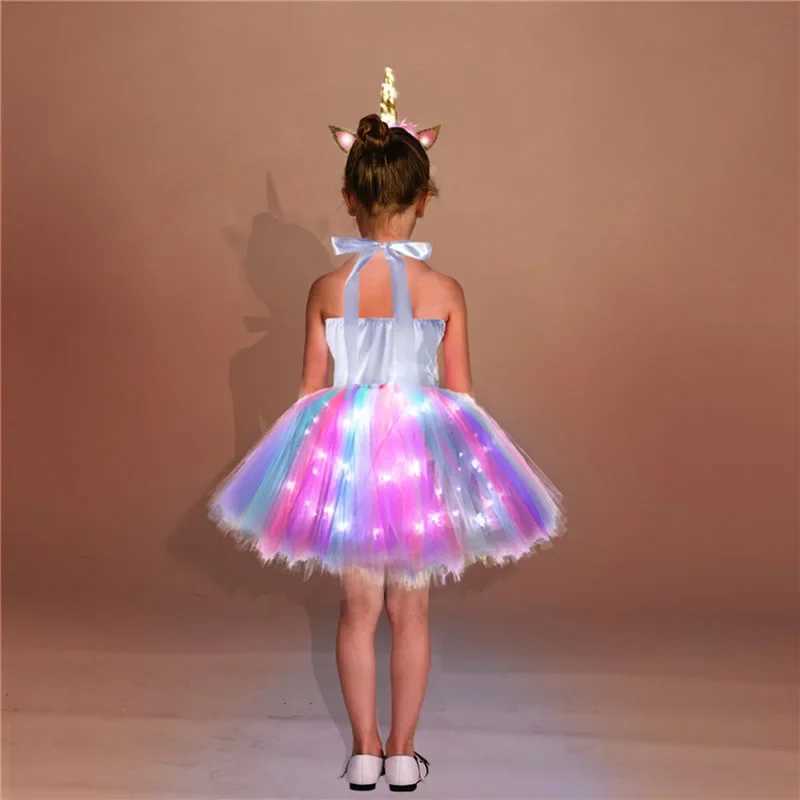 Girl rainbow lit Tutu childrens birthday dress Par glitter glowing knee length dress Halloween animal costume W250111