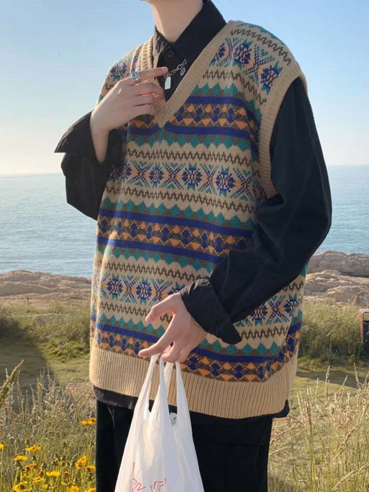 Gmiixder Japanese Retro Knitted Vest Mens Trend Ethnic Style Oversize Trendy Top Handsome Streetwear Vneck Sweater Undershirt 250107