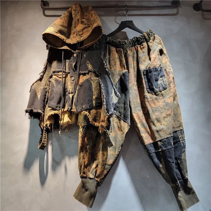 YEAE womens personality trendy cool old print splicing denim hooded vest Harlan pants two-piece fashion suit 250109