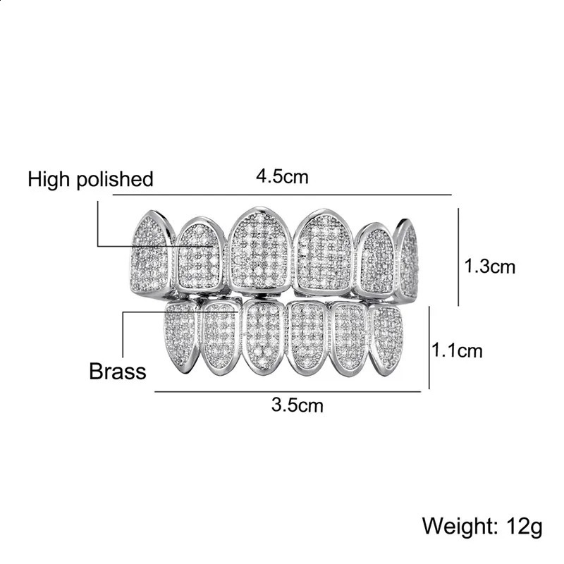 Hip Hop Full Iced Out Teeth Caps Bling Cubic Zircon Micro Pave Top Bottom Charm Grills Set For Men Women Jewelry 250107