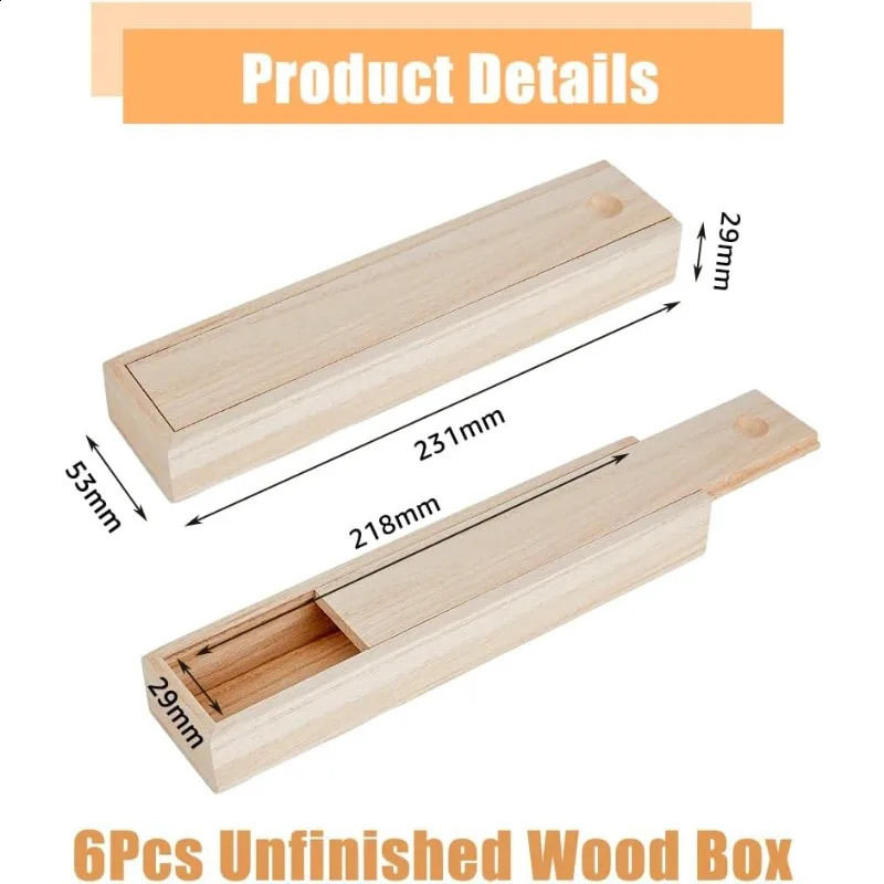6Pcs Wood Box With Sliding Lid Small Wood Case Pen Box Rectangle Wooden Jewelry Box DIY Storage Chest Pencil Box for Christmas 250106