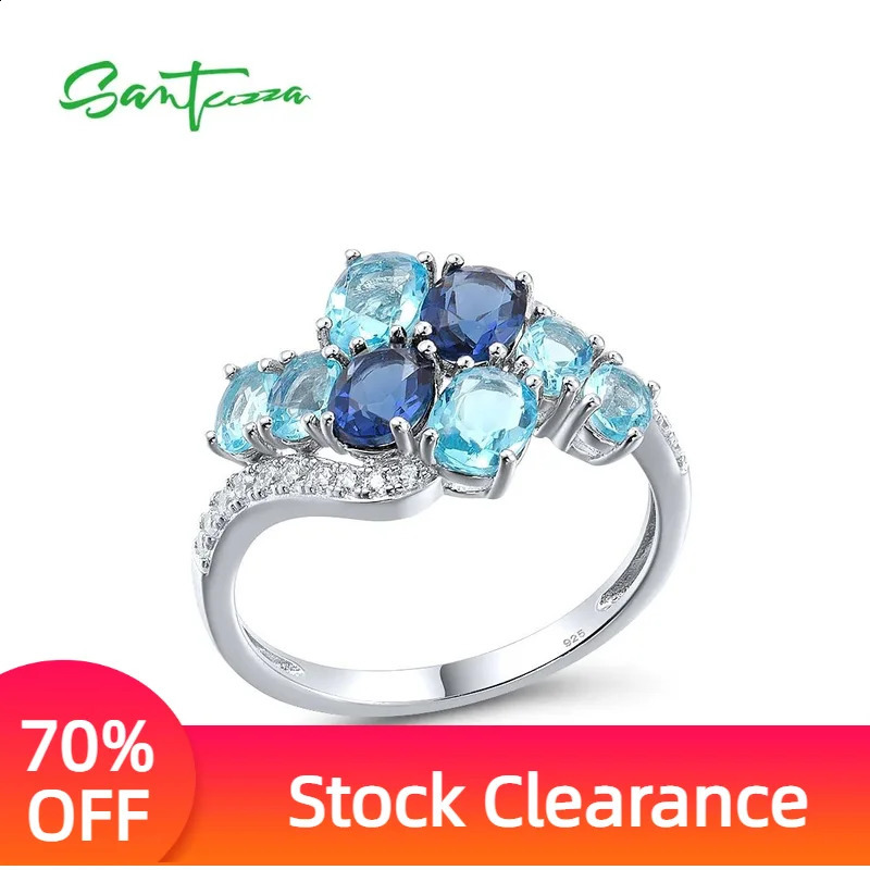 SANTUZZA Pure 925 Sterling Silver Rings For Women Oval Blue Gemstone Round White CZ Cluster Elegant anillos Wedding Fine Jewelry 250106