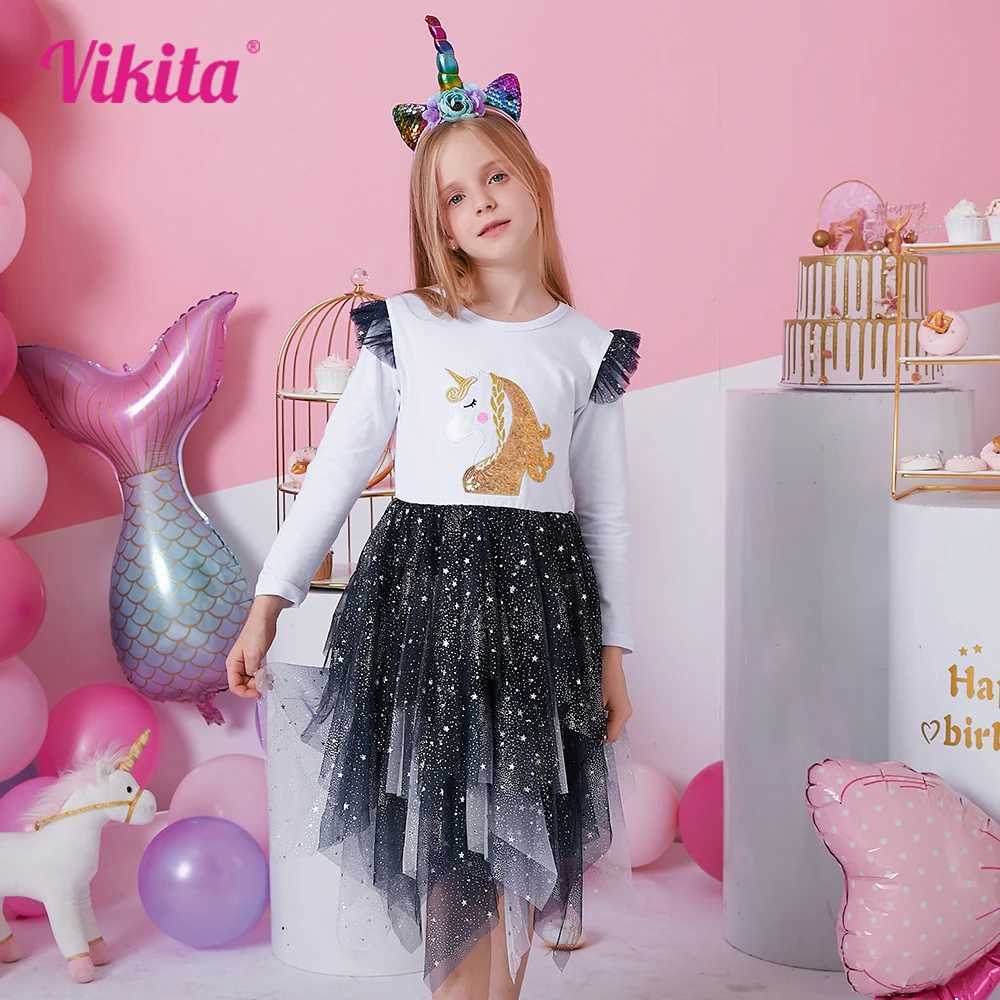 Vegeta childrens unicorn sequin application dress girls flash sleeves autumn spring patch work shiny irregular Tutu princess dress W250111