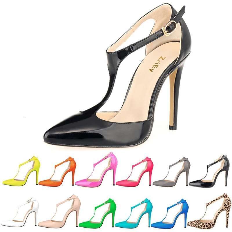 Women's Fashion Pointed Toe T-Strap Sandals Buckle Ankle Strap Patent Leather OL Casual High Heel Office Shoes Red Wedding Pumps
