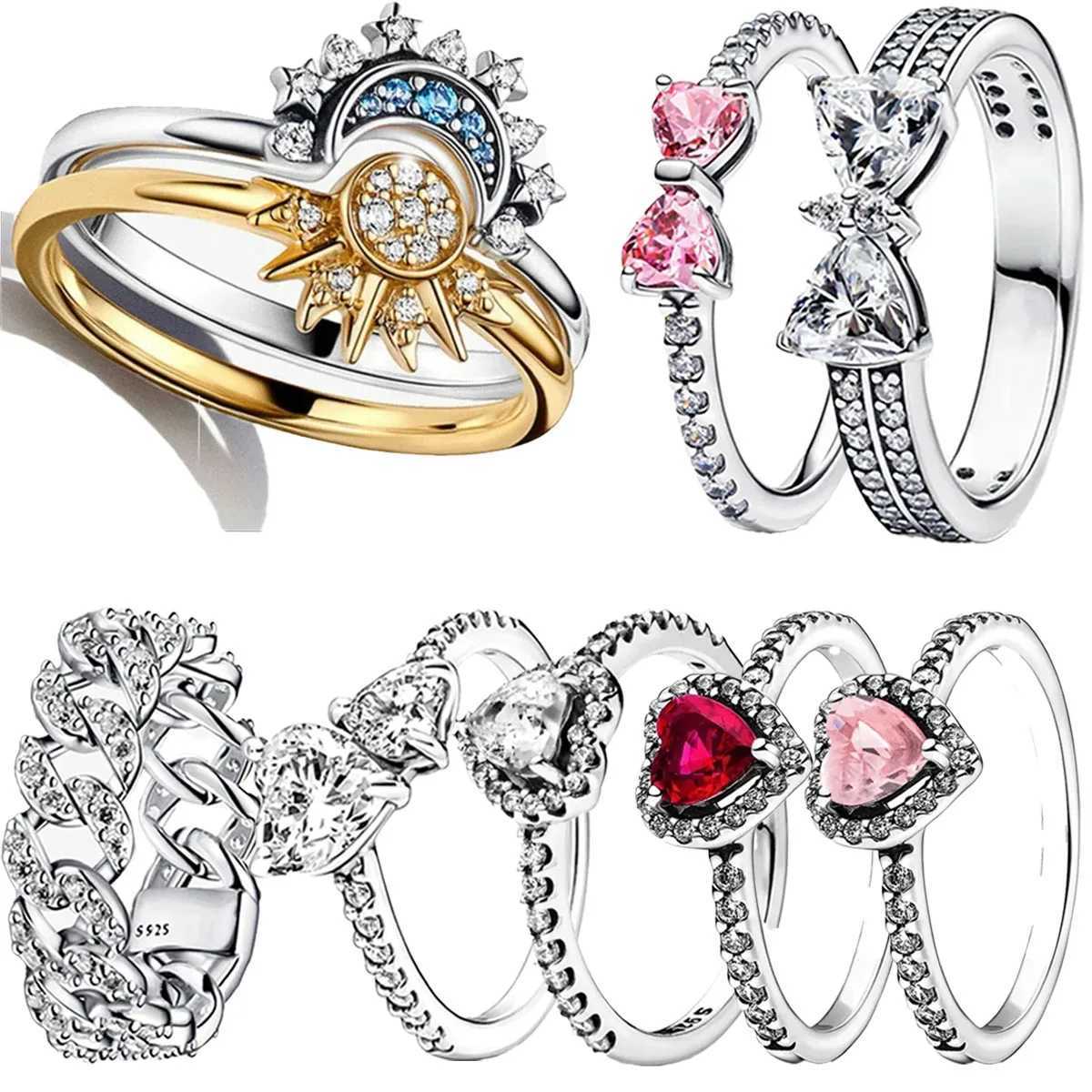 925 Sterling Silver Red Pink Heart Stone Sun Moon Pink Ribbon Size5 6 7 8 9 Rings Wedding Fashion Fine Jewelry WomenXJ250110