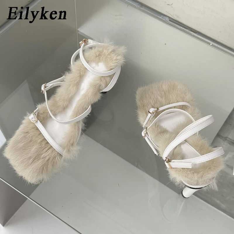 New Arrival Eilyken New Plush Fur Fuzzy Sandals for Women Thin High Heels Fashion Square Laces Lace Buckles Slippers T250110