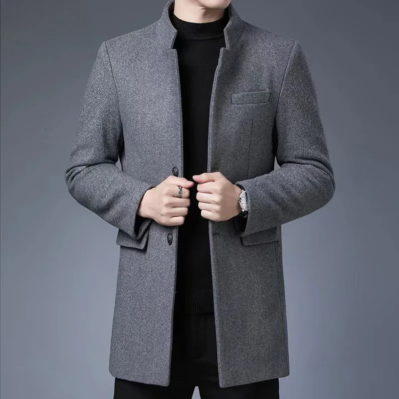 M4XL Mens Wool Blend Trench Coat Winter Warm Slim Fit Single Breasted Long Top Casual Streetwear Autumn Clothing Man 250106