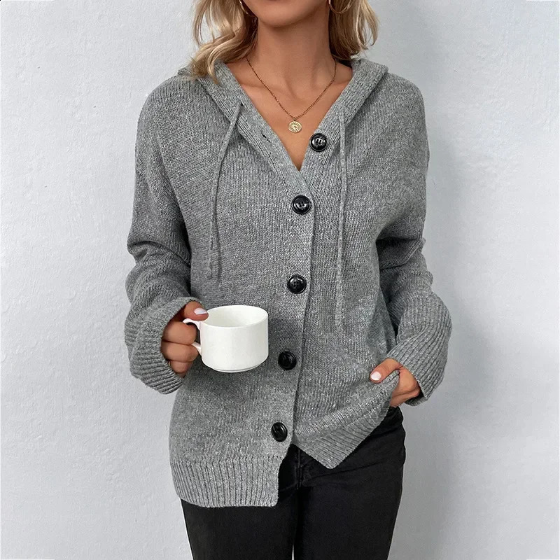 Women Knit Hooded Sweater Coat Single Breasted Thick Cardigan Solid Casual Splice Jumpers Full Sleeve Regular Winter 250106