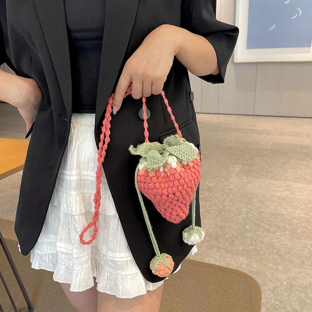 Women Strawberry Crossbody Bag Versatile Adorable Shoulder Casual Handbag DIY Cartoon Crochet Bucket Purse 250107