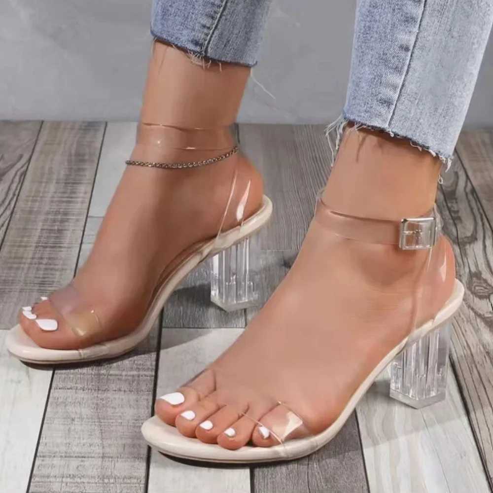 New Arrival Womens PVC Jelly Crystal Thick High Heel Transparent Sandals Fashionable and Sexy Summer High Heel Sandals Womens Pump Zapatillas Mujer T2