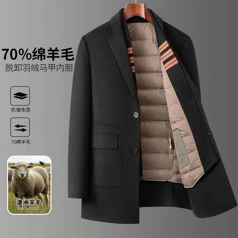 AutumnWinter Mens Double sided Fleece Coat 70 Wool Quality Fabric Detachable Down Inner Tank Business Leisure Warm 250106