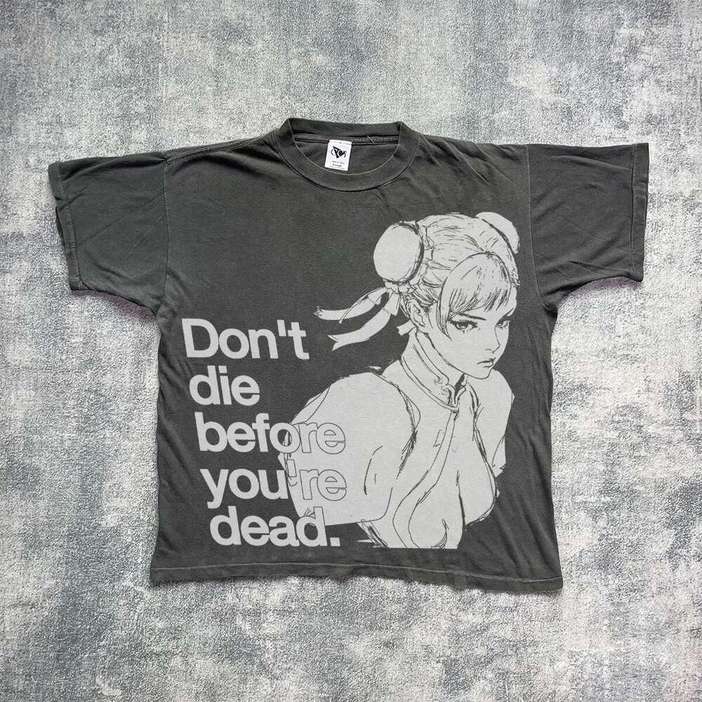 Washed cartoon anime character printed short sleeved men and women lazy style American fashion versatile half cut sleeves