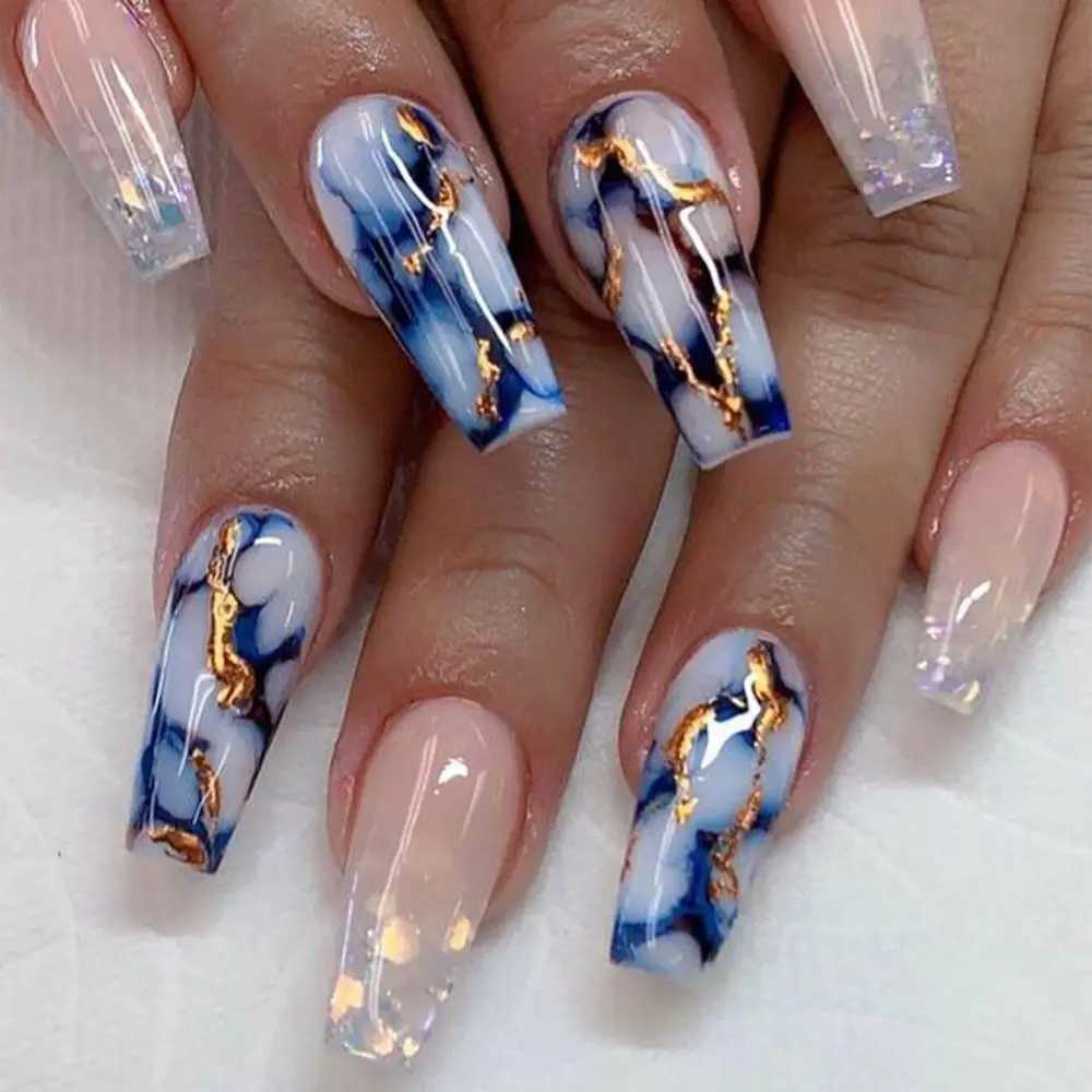 Unique Halo Staining Purple Gold Lines T-shape Nail Tips Square Head French Fake Nails Medium Length Ballerina False NailXJ250110