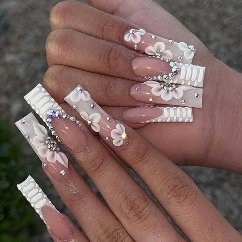 24pcs Artifical Fake Nails Long Coffin French Ballerina Wearable False Nail Tips Finished Rhinstones Flower Design Press on NailXJ250110
